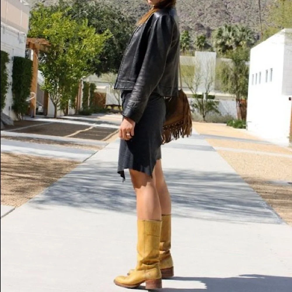 Frye Campus 14L Banana Yellow Tan Leather Vintage Knee High Pull On Tall Boots